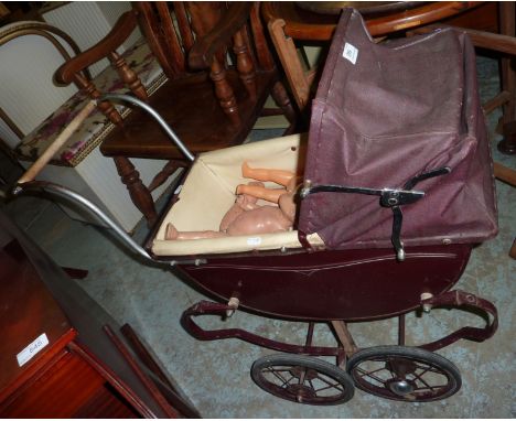 Vintage dolls pram and 3 dolls
