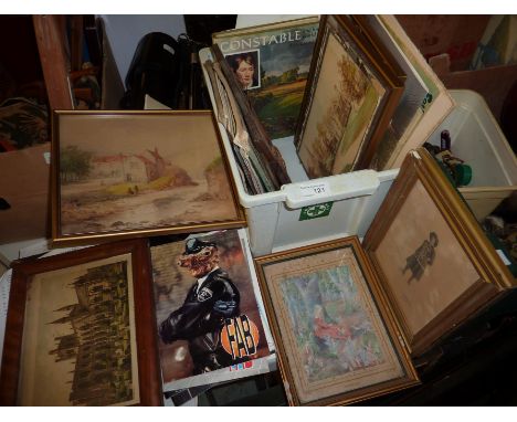 Small box of framed hand coloured engravings, watercolours, Austin A30 manual, 'Fab' collector's magazines etc