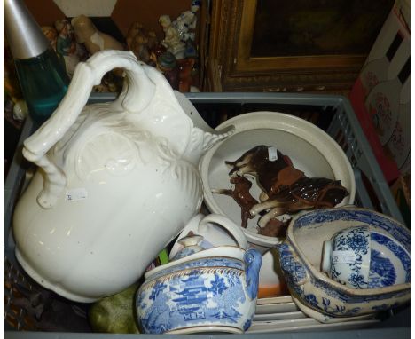 Large white jug, blue and white tureens, plates, lava lamp etc