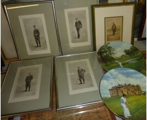 2 coalport golfing collector's plates, framed lithograph entitled 'A Famous Caddy of Bruntsfield Lincs' and set of 4 black an