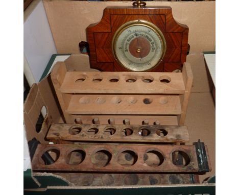 3 test tube racks and small mahogany cased barometer