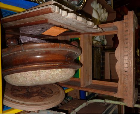 Wood framed mirror, wooden chopping board, small shelf unit, footstool etc