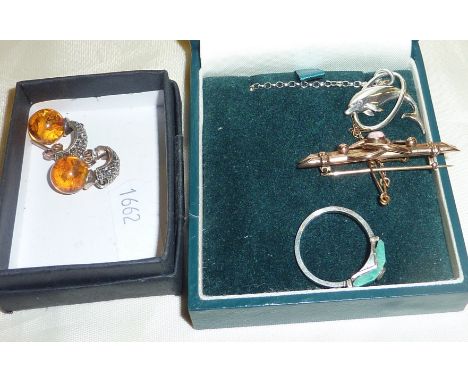 Silver dolphin pendant and chain, 9 ct gold brooch set with single opal, deco style ring and a pair of silver drop amber bead