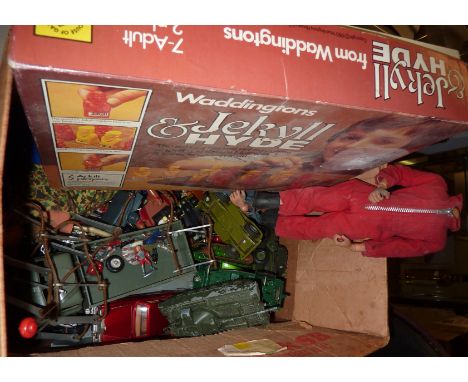 Box of assorted toys inc diecast military vehicles inc Corgi etc