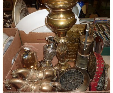 Tilley lamp, 2 large brass horses, torsion clock, brass bridge marker
