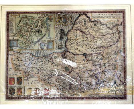 A coloured map of Somersetshire, by John Speed, 38 x 51 cmOverall staining, light foxing, colours strong but slightly faded i