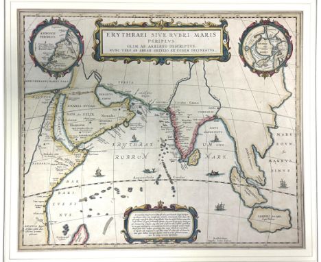 A tinted map of the coastline around the Arabian Sea, 40 x 47 cmHand tinted, light foxing, no obvious creases or tears, mount