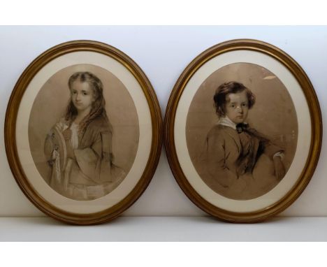 William Crawford, portrait of a young girl, watercolour and charcoal, signed and dated October 1858, and its pair of a boy, 5