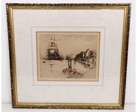 Frank H Mason, a harbour scene, dry point etching, signed in pencil, 23 x 27 cm 