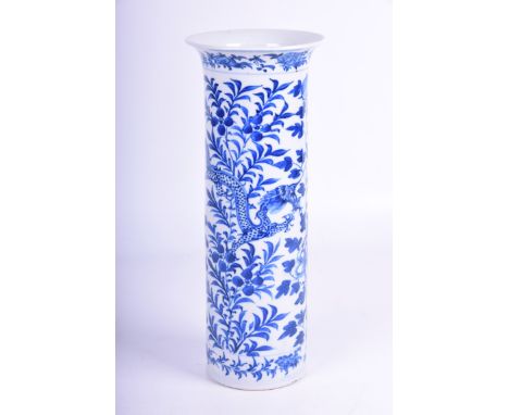 A Chinese blue and white sleeve vase, Kangxi four-character mark, 19th century
Of typical cylindrical form, rising to a flare