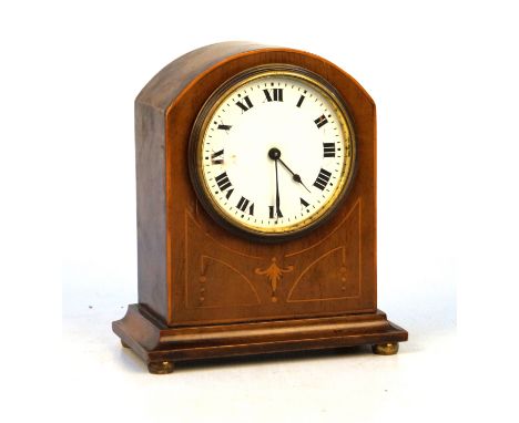 A mahogany inlaid mantel clock circa 1900White dial with Roman numerals