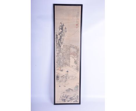 A Chinese hanging scroll, late Qing Dynasty (1644-1912)
Painted in monochrome and highlighted in polychrome enamels with figu
