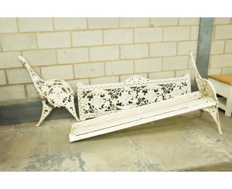 A Victorian Coalbrookdale horse chestnut design garden bench
The openwork back panel and bracket supports with central leafy 