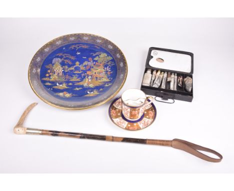 A large Carlton Ware chinoiserie chargerWith typical Chinese scene, diameter 39cm, a Wedgwood moustache cup and saucer, bambo