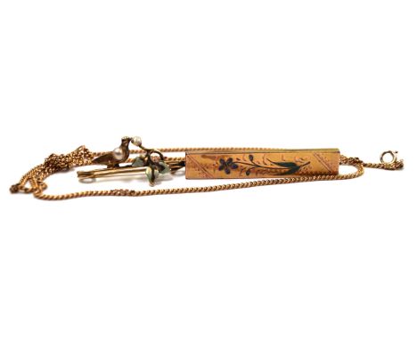 A bird pin broochWith pearl and enamel detail, stamped 15ct, together with an unmarked yellow metal rectangular enamel flower