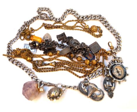 Three gold plated Albertine chainsTogether with, a silver graduated curb-link chain with attached fobs, and a silver charm br