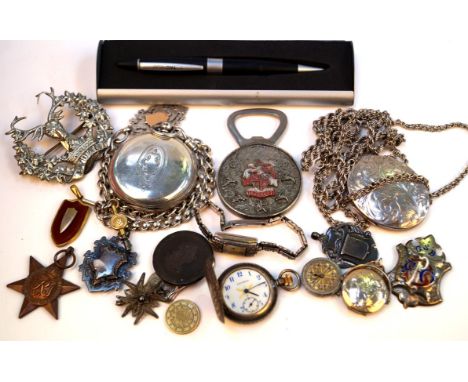 A silver locket and chainOf oval form, together with a silver full hunter pocket watch, with silver Albert chain, a TAG pen a