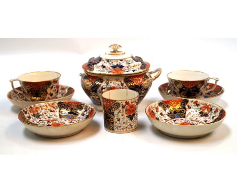 A collection of early 19th Century Imari pattern Derby porcelainComprising twin handled dish and cover, two coffee cans and t