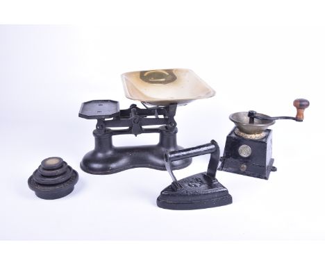 Collection of kitchenalia, early 20th CenturyComprising brass and cast iron scales with four weights, an Archibold Kenrick an