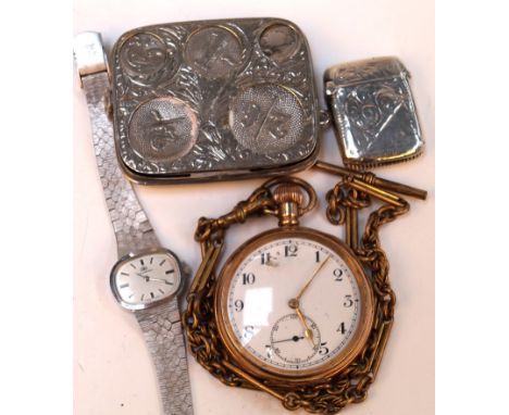 A gold plated keyless wind pocket watchWith white dial and black Arabic numerals, to a gold plated Albert chain, together wit