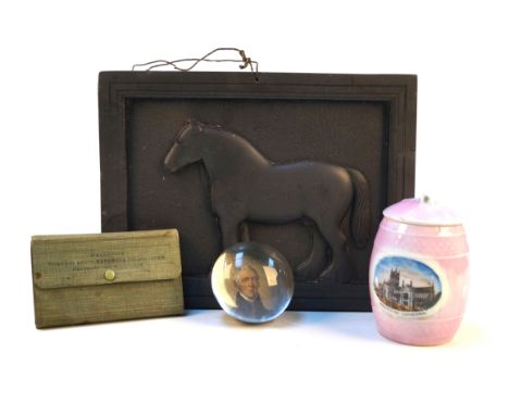 A slate plaque with carved decoration of a Stallion early 20th CenturyHeight 23cms, width 30cms, also a German Continental pi
