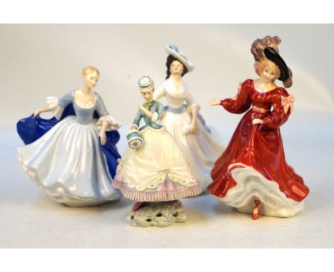 Three Royal Doulton figures to includeMargaret HN2397, Patricia HN3365, Dulcie HN2305, and a Royal Worcester Victorian Series