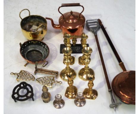 A large collection of copper and brass mostly mid to late 19th CenturyTo include warming pan with wooden handle, copper kettl