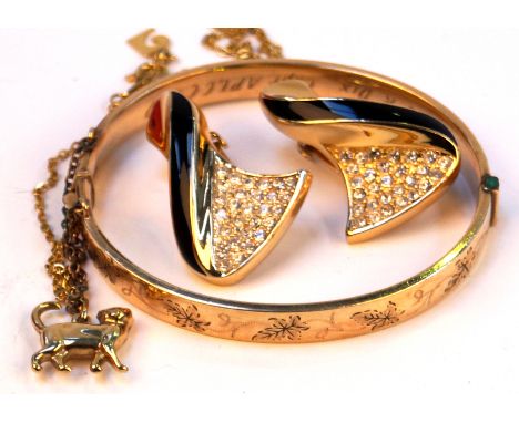 Christian Dior ear clips
Signed to reverse, together with a 9ct gold cat pendant to a base metal chain, a gold plated and ins