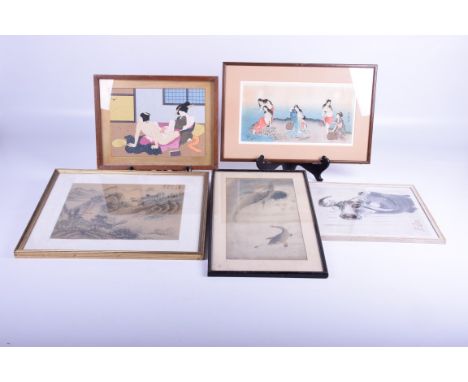 A collection of Chinese and Japanese prints and picturesTo include woodcut style figural prints, a carp watercolour, a Japane