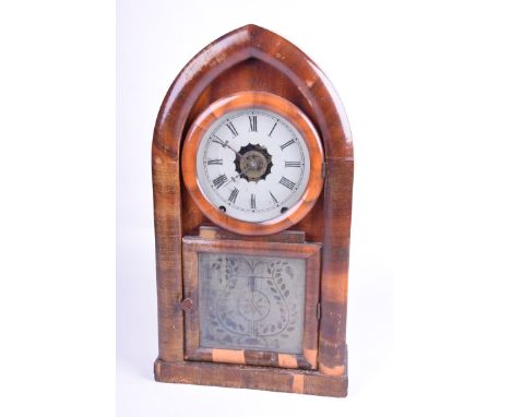 A lancet topped mahogany mantel clock by Jerome Newhaven Clock Company, late 19th CenturyWith white painted dial with Roman n