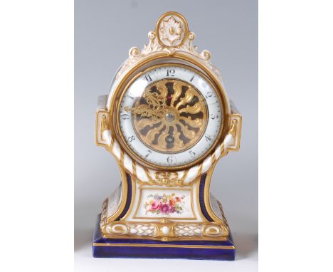 *A late 19th century Worcester porcelain mantel clock, the balloon shaped case decorated in bright enamels, enclosing convex 