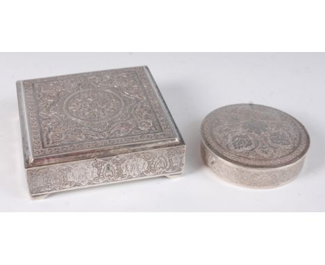 A Persian white metal table cigarette box, of square form, having all-over engraved decoration, approx 250g, 10 x 10cm; toget