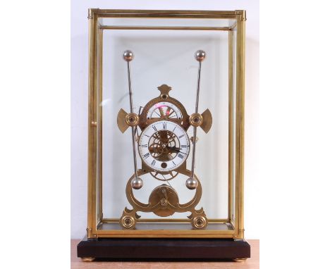 A contemporary replica brass single fusee grasshopper type skeleton clock, having white enamel dial with demi-lune enamel sec