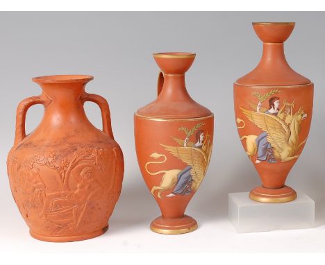 A 19th century terracotta copy of the Portland vase, possibly by Samuel Alcock & Co, moulded in relief with semi-naked classi
