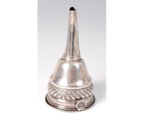 A George III silver wine funnel, of typical conical form with spiral reeded band, the strainer with pierced flowerhead decora