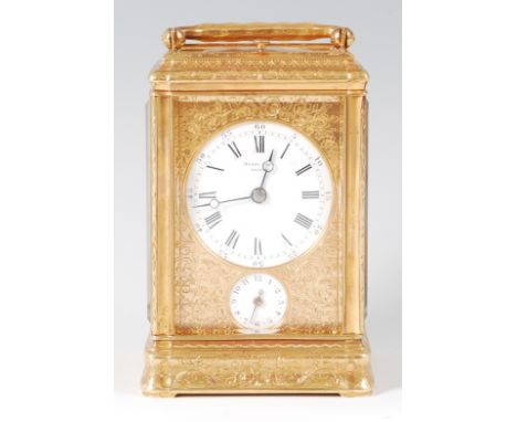 A fine engraved gilt brass striking and repeating alarm carriage clock, signed Drocourt, retailed by Henry Capt of Geneva, la