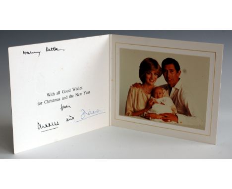 HRH Charles, Prince of Wales, and HRH Diana, Princess of Wales, Christmas greetings card, the cover with two embossed gold cr