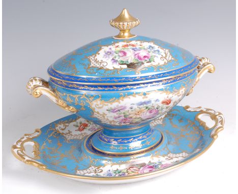 A Limoges porcelain pedestal tureen and cover on stand, decorated by Camille Le Tallec, each piece decorated with floral rese