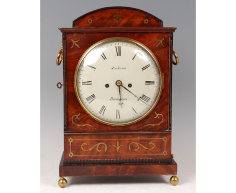 A Regency mahogany and brass inlaid bracket clock, the convex white enamel dial signed Jackson (of) Brompton, having Roman nu