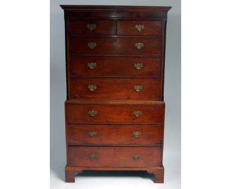 A George III mahogany chest-on-chest, the upper section having a moulded cornice above two short over three long graduated dr