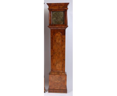 An 18th century figured walnut longcase clock, the hood having a cavetto cornice and three quarter turned pilasters flanking 