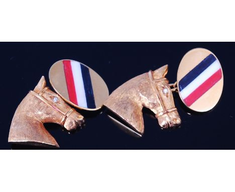 A pair of gents 9ct gold cufflinks, each modelled as a horses head, having diamond set eyes, the oval backs with enamel set b