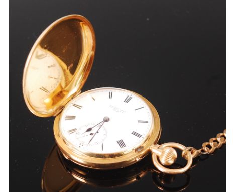 A late Victorian 18ct gold cased full hunter pocket watch, having monogrammed front cover opening to reveal white enamel dial