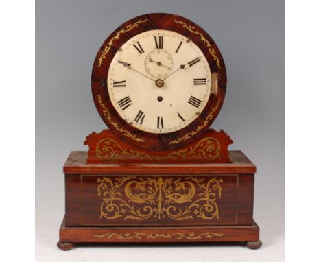 A circa 1830 rosewood and brass inlaid bracket clock, having convex white enamel dial, subsidiary seconds dial for an eight d
