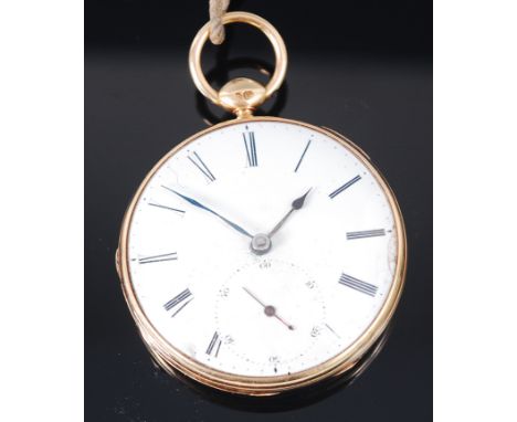 An 18ct gold cased gents open faced pocket watch, having engine turned back cover, white enamel dial, subsidiary seconds dial