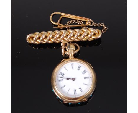 A ladies 18ct gold cased fob watch, having white enamel dial, turquoise and diamond set hinged back cover, gold inner back co