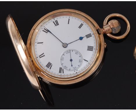 A George V 9ct gold cased full hunter gents pocket watch, the plain case opening to reveal unsigned white enamel dial, subsid