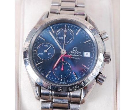 A gents Omega Speedmaster stainless steel automatic bracelet chronometer, having signed blue dial, triple subsidiary dials, d