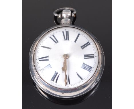 A Victorian silver pair cased gents pocket watch, having convex glass (loose), white enamel dial with Roman numerals, chain d