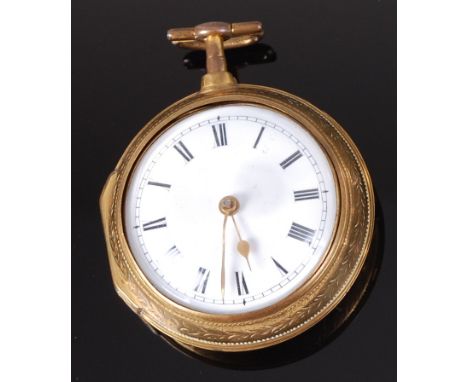 A George III gilt metal pair cased gents pocket watch, the outer case having vacant cartouche and leaf engraved borders, plai